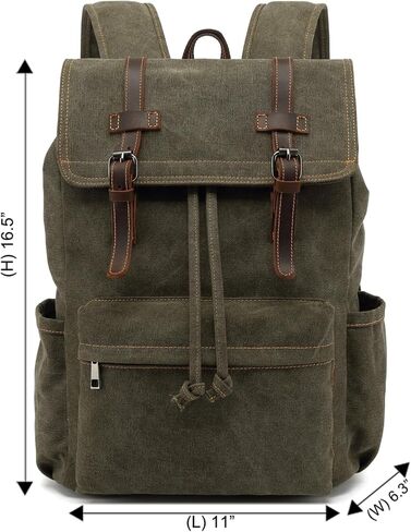 HuaChen Vintage High-Density Canvas Laptop Backpack With Leather Trim, Multi-Pocket Travel Rucksack For Laptop, Durable Hiking & Commuter Bag - M83 Green in Kuwait