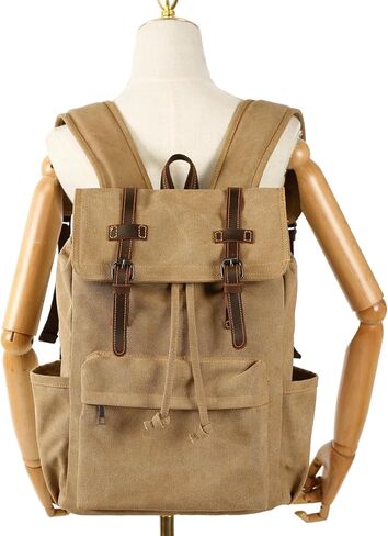 HuaChen Vintage High-Density Canvas Laptop Backpack With Leather Trim, Multi-Pocket Travel Rucksack For Laptop, Durable Hiking & Commuter Bag - M83 Green in Kuwait