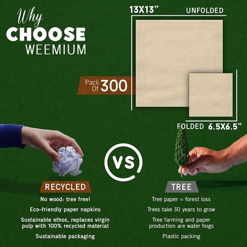 300 Pack 2-Ply Compostable Napkins - FSC Certified 5x5 Inch Folded Post Consumer Recycled Napkins - Highly Absorbent Eco friendly Napkins Disposable Biodegradable Paper Napkins for Dining and Events in Saudi Arabia