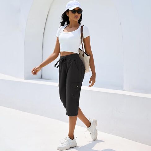 Women's Cargo Capris Hiking Pants with 6 Pockets Lightweight Quick Dry Outdoor Travel Casual Cotton Comfy Summer Pants in Saudi Arabia