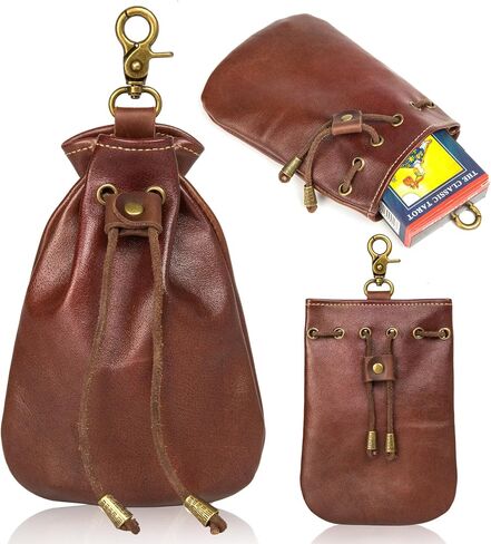 Small Vintage Medieval Drawstring Belt Pouch, FULL-GRAIN Leather, handmade, portable coin&dice purse with keychain. Unique design on the back, easily attached to your belt. Ren Faire costumes. in Saudi Arabia