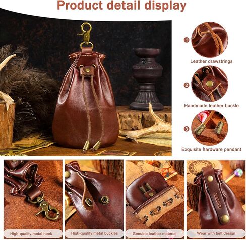 Small Vintage Medieval Drawstring Belt Pouch, FULL-GRAIN Leather, handmade, portable coin&dice purse with keychain. Unique design on the back, easily attached to your belt. Ren Faire costumes. in Saudi Arabia