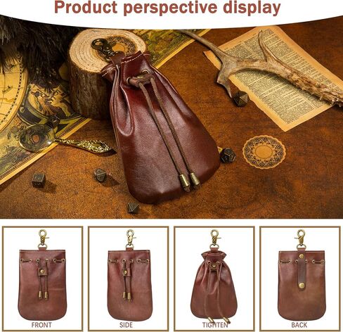 Small Vintage Medieval Drawstring Belt Pouch, FULL-GRAIN Leather, handmade, portable coin&dice purse with keychain. Unique design on the back, easily attached to your belt. Ren Faire costumes. in Saudi Arabia