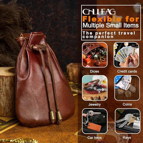Small Vintage Medieval Drawstring Belt Pouch, FULL-GRAIN Leather, handmade, portable coin&dice purse with keychain. Unique design on the back, easily attached to your belt. Ren Faire costumes. in Saudi Arabia