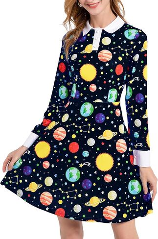 Womens Long Sleeve Peter Pan Collar Fit and Flare Above Knee Aline Halloween Dress in Saudi Arabia