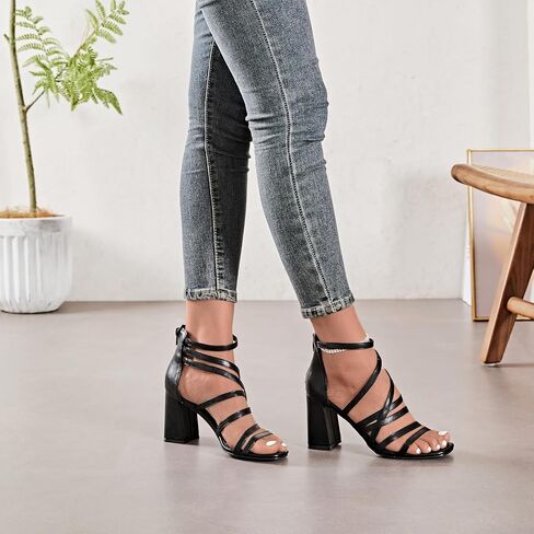 Women's Chunky Heeled Sandals - Square Open Toe Ankle Strappy Dressy Pump Heels Wedding Party Shoes for Women. in Kuwait