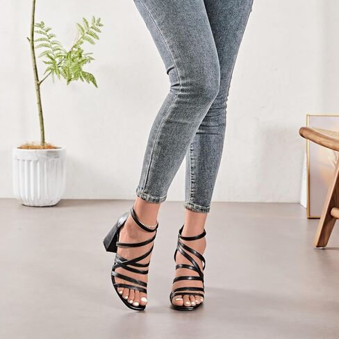 Women's Chunky Heeled Sandals - Square Open Toe Ankle Strappy Dressy Pump Heels Wedding Party Shoes for Women. in Kuwait