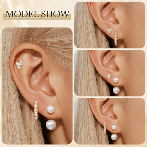 مجموعة Quinby Pearl Cropring للنساء ، ومكدس أقراط من الذهب الذهب المصنوع من الذهب. in Kuwait