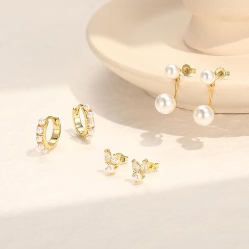 مجموعة Quinby Pearl Cropring للنساء ، ومكدس أقراط من الذهب الذهب المصنوع من الذهب. in Kuwait