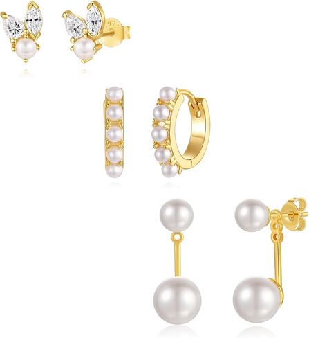 مجموعة Quinby Pearl Cropring للنساء ، ومكدس أقراط من الذهب الذهب المصنوع من الذهب. in Kuwait