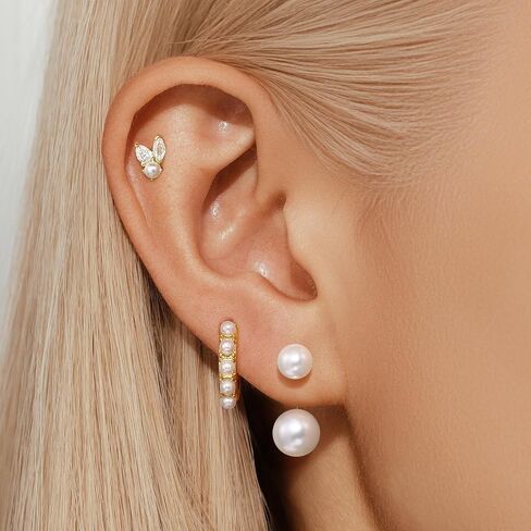 مجموعة Quinby Pearl Cropring للنساء ، ومكدس أقراط من الذهب الذهب المصنوع من الذهب. in Kuwait