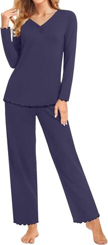 BISHUIGE Womens Casual Ruffle Pajamas Set Long Sleeve V Neck Tops For Soft And Comfortable Pants Set in Kuwait