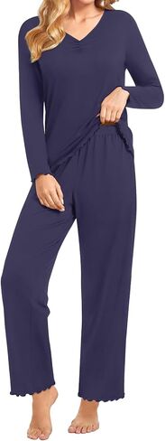 BISHUIGE Womens Casual Ruffle Pajamas Set Long Sleeve V Neck Tops For Soft And Comfortable Pants Set in Kuwait