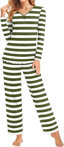 BISHUIGE Womens Casual Ruffle Pajamas Set Long Sleeve V Neck Tops For Soft And Comfortable Pants Set in Kuwait