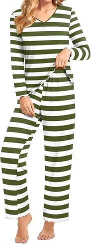 BISHUIGE Womens Casual Ruffle Pajamas Set Long Sleeve V Neck Tops For Soft And Comfortable Pants Set in Kuwait