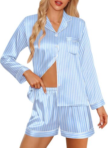 SWOMOG Womens 2 PCS / 3 PCS Pajamas Set Silk Satin Long Sleeve Sleepwear Button Down Loungewear Pjs Nightwear in Saudi Arabia