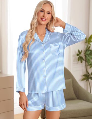 SWOMOG Womens 2 PCS / 3 PCS Pajamas Set Silk Satin Long Sleeve Sleepwear Button Down Loungewear Pjs Nightwear in Saudi Arabia
