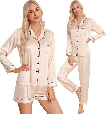 SWOMOG Womens 2 PCS / 3 PCS Pajamas Set Silk Satin Long Sleeve Sleepwear Button Down Loungewear Pjs Nightwear in Saudi Arabia