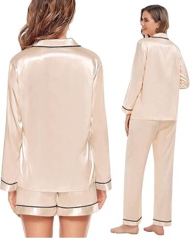 SWOMOG Womens 2 PCS / 3 PCS Pajamas Set Silk Satin Long Sleeve Sleepwear Button Down Loungewear Pjs Nightwear in Saudi Arabia