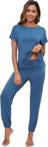 WiWi Womens Pajama Sets Short Sleeve Sleepwear Top and Jogger Pants Pjs 2 Piece Lounge Sets Viscose from Bamboo S-XXL in Saudi Arabia