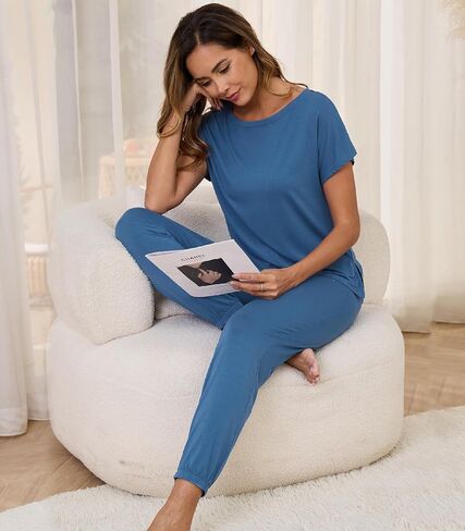 WiWi Womens Pajama Sets Short Sleeve Sleepwear Top and Jogger Pants Pjs 2 Piece Lounge Sets Viscose from Bamboo S-XXL in Saudi Arabia