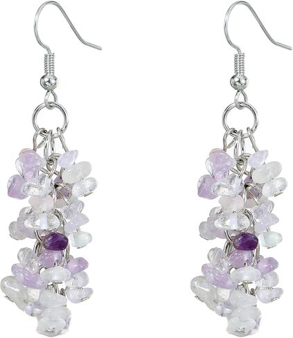 Natural Gemstone Earrings for Women | Natural Tumbled Stones Chip Earrings | Semi Precious Stone Cluster Earrings | Reiki Healing Crystal Long Dangle Hook Eardrop | Birthstone Gift in Saudi Arabia