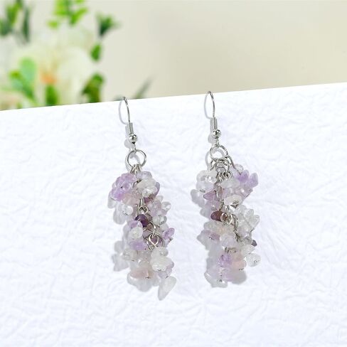 Natural Gemstone Earrings for Women | Natural Tumbled Stones Chip Earrings | Semi Precious Stone Cluster Earrings | Reiki Healing Crystal Long Dangle Hook Eardrop | Birthstone Gift in Saudi Arabia