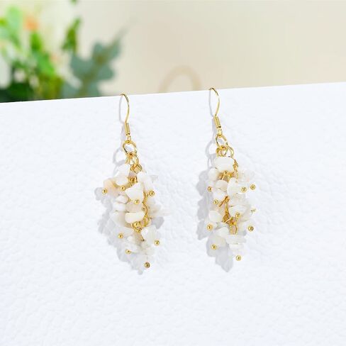 Natural Gemstone Earrings for Women | Natural Tumbled Stones Chip Earrings | Semi Precious Stone Cluster Earrings | Reiki Healing Crystal Long Dangle Hook Eardrop | Birthstone Gift in Saudi Arabia