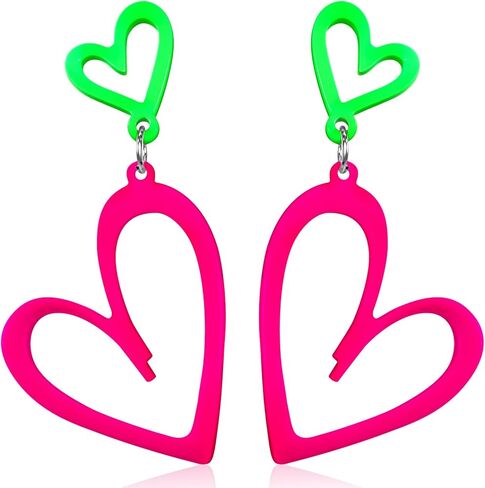 أقراط القلب النيون للنساء أكريليك نيون الأقراط في الثمانينيات من القرن التسعينات من القرارات للنساء للنساء البرق في دوار الصيف قلادة رجعية لزيادة التوهج 80 in Kuwait