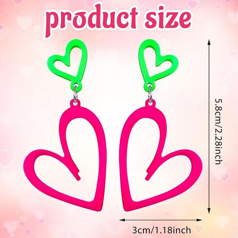 أقراط القلب النيون للنساء أكريليك نيون الأقراط في الثمانينيات من القرن التسعينات من القرارات للنساء للنساء البرق في دوار الصيف قلادة رجعية لزيادة التوهج 80 in Kuwait