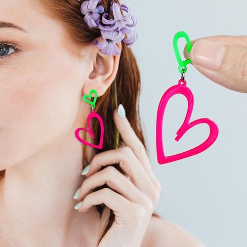 أقراط القلب النيون للنساء أكريليك نيون الأقراط في الثمانينيات من القرن التسعينات من القرارات للنساء للنساء البرق في دوار الصيف قلادة رجعية لزيادة التوهج 80 in Kuwait