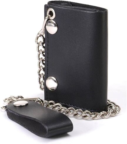 Milwaukee Leather MLW7831 Men's 4" Classic Black Plain Genuine Leather Tri-Fold Biker Wallet w/Anti-Theft Stainless Steel Chain - One Size in Saudi Arabia