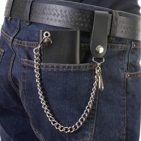 Milwaukee Leather MLW7831 Men's 4" Classic Black Plain Genuine Leather Tri-Fold Biker Wallet w/Anti-Theft Stainless Steel Chain - One Size in Saudi Arabia
