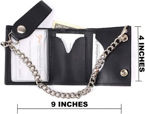 Milwaukee Leather MLW7831 Men's 4" Classic Black Plain Genuine Leather Tri-Fold Biker Wallet w/Anti-Theft Stainless Steel Chain - One Size in Saudi Arabia