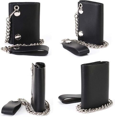 Milwaukee Leather MLW7831 Men's 4" Classic Black Plain Genuine Leather Tri-Fold Biker Wallet w/Anti-Theft Stainless Steel Chain - One Size in Saudi Arabia