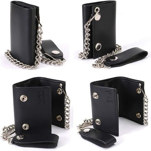 Milwaukee Leather MLW7831 Men's 4" Classic Black Plain Genuine Leather Tri-Fold Biker Wallet w/Anti-Theft Stainless Steel Chain - One Size in Saudi Arabia