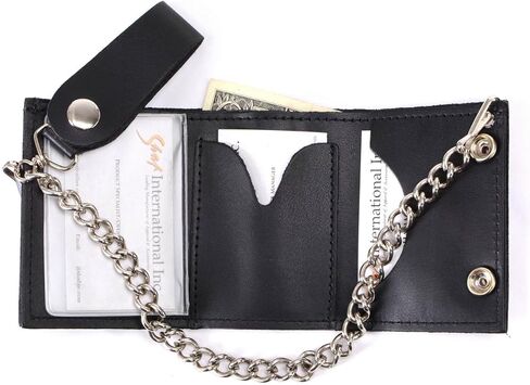 Milwaukee Leather MLW7831 Men's 4" Classic Black Plain Genuine Leather Tri-Fold Biker Wallet w/Anti-Theft Stainless Steel Chain - One Size in Saudi Arabia