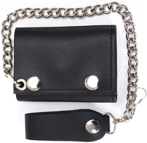 Milwaukee Leather MLW7831 Men's 4" Classic Black Plain Genuine Leather Tri-Fold Biker Wallet w/Anti-Theft Stainless Steel Chain - One Size in Saudi Arabia