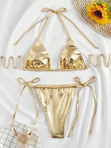 SEGT Women's Sexy Thong Bikini Set PU Leather 2 Piece Halter Swimsuit Triangle String Bikini in Saudi Arabia