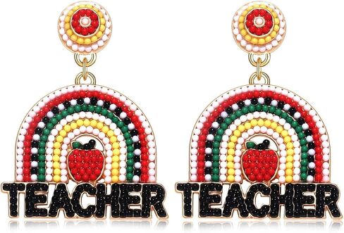 Teacher Pencil Earrings for Women Beaded Pencil Dangle Earrings Statement Rainbow Match Apple Earrings Back To School Jewelry Teacher Appreciation Gift in Saudi Arabia