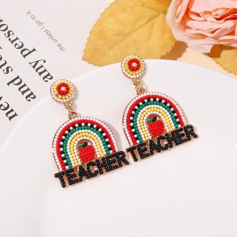 Teacher Pencil Earrings for Women Beaded Pencil Dangle Earrings Statement Rainbow Match Apple Earrings Back To School Jewelry Teacher Appreciation Gift in Saudi Arabia