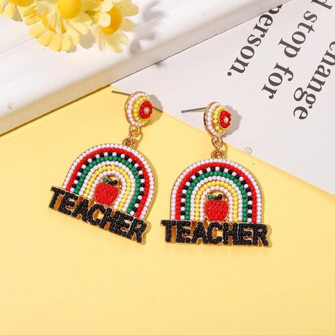 Teacher Pencil Earrings for Women Beaded Pencil Dangle Earrings Statement Rainbow Match Apple Earrings Back To School Jewelry Teacher Appreciation Gift in Saudi Arabia