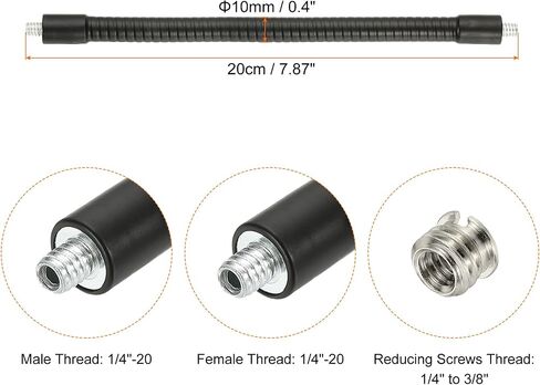 PATIKIL 20" Gooseneck, 1/4"-20 Male to Male Thread Metal Universal Hose Flexible Arm Gooseneck Tube Extension Holder with Reducing Screws for Action Camera, Phone, Microphone, Black in Saudi Arabia