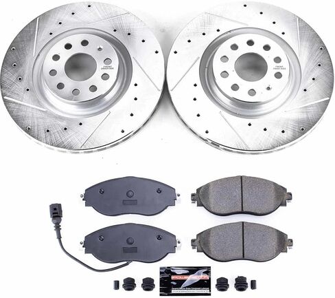 Power Stop K7175 Front Carbon Fiber Brake Pads with Drilled and Slotted Brake Rotors Brake Kit For Audi Q3 S3 | VW Volkswagen Arteon CC Golf R GTI Jetta Tiguan [Application Specific] in Saudi Arabia