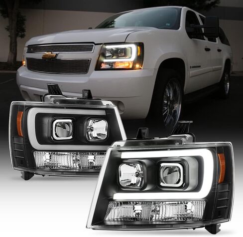Acanii - لعام 2007-2014 Chevy Suburban Tahoe Avalanche Black Optic LED Tube Projector مصابيح أمامية مصابيح الأمامية اليسرى+اليمين ، Onyx Black V3 in Saudi Arabia