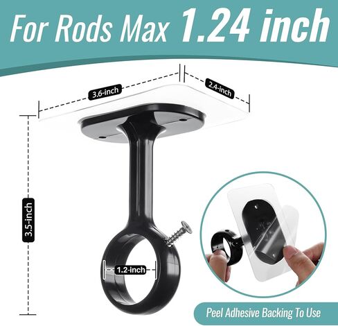 6-Pack Adhesive Curtain Rod Holder, No Drill Ceiling Brackets, Self-Stick Rod Hooks for 0.8" - 1.24" Poles, Nail-Free Curtain Hangers Up to 30 lbs for Bathroom, Kitchen, Living Room -White in Kuwait