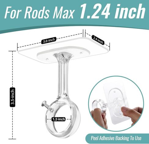 6-Pack Adhesive Curtain Rod Holder, No Drill Ceiling Brackets, Self-Stick Rod Hooks for 0.8" - 1.24" Poles, Nail-Free Curtain Hangers Up to 30 lbs for Bathroom, Kitchen, Living Room -White in Kuwait
