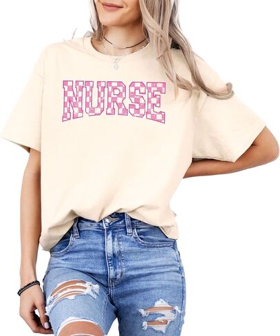 Nurse Checkerboard Graphic T-Shirt – Unisex Cotton Appreciation Tee – Cute Pink Letter Print Medical Top in Saudi Arabia