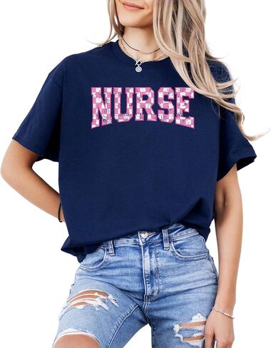 Nurse Checkerboard Graphic T-Shirt – Unisex Cotton Appreciation Tee – Cute Pink Letter Print Medical Top in Saudi Arabia