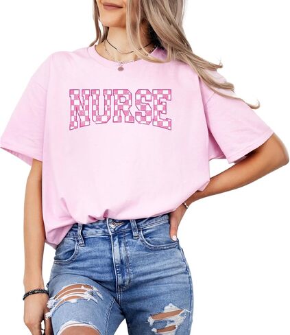 Nurse Checkerboard Graphic T-Shirt – Unisex Cotton Appreciation Tee – Cute Pink Letter Print Medical Top in Saudi Arabia
